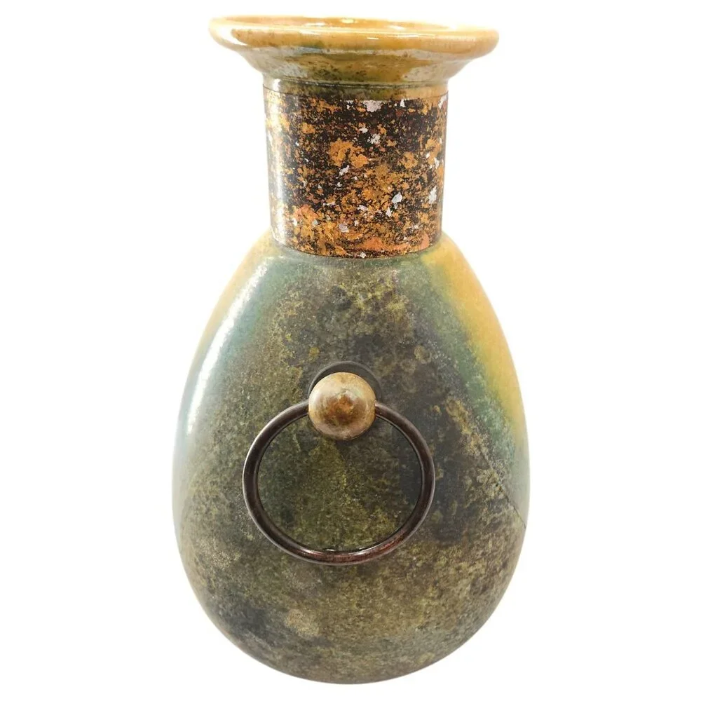 Vtg. Tony Evans Large Raku Vase Brass Handles Signed Spotted Glaze Metal Collar